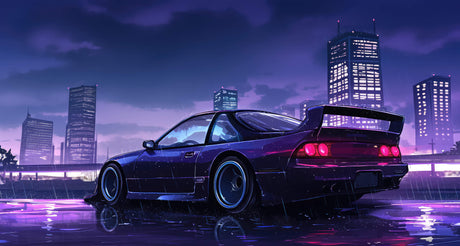 Design file of sports car against purple night city skyline with detailed urban elements