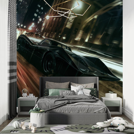 Sports car wallpaper mural showcased in modern living room with sleek furniture and ambient lighting