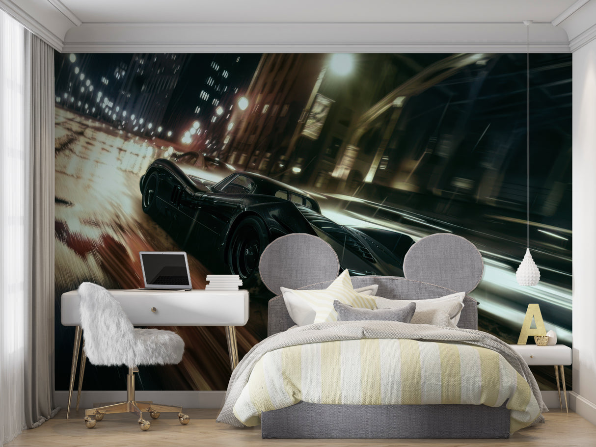 Racing car wall mural displayed in teen bedroom with gaming setup
