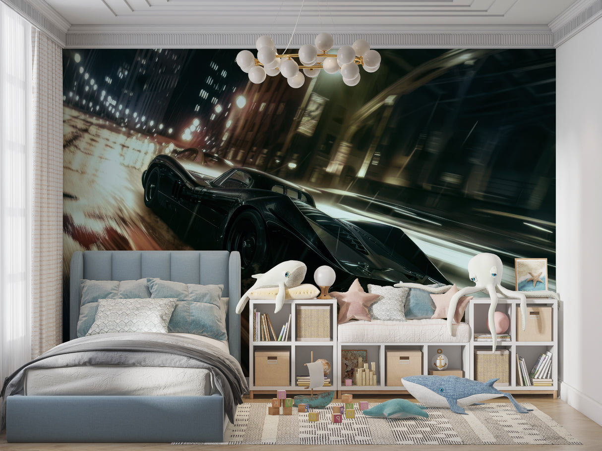 Night city racing scene wallpaper featured in home office with minimalist decor