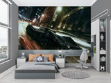 Urban sports car mural wallpaper installation in man cave entertainment space