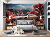 Sports car wallpaper mural in modern living room with pink mountain backdrop creating dramatic focal point