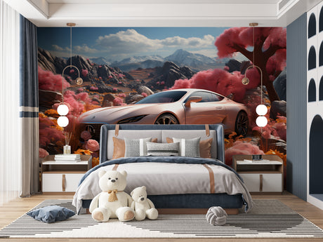 Sports car wallpaper mural in modern living room with pink mountain backdrop creating dramatic focal point