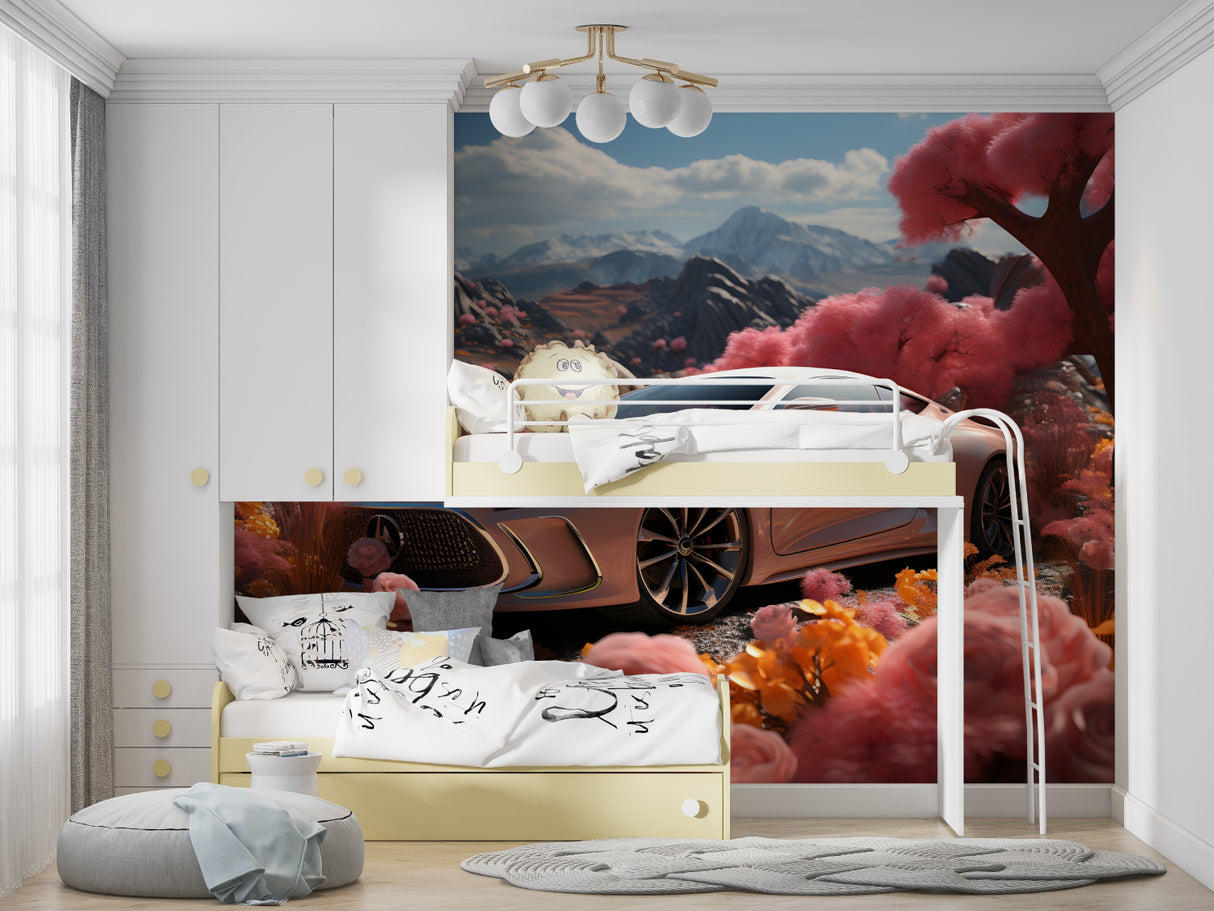 Luxury car wall mural installation in teen bedroom showing pink mountain scenery