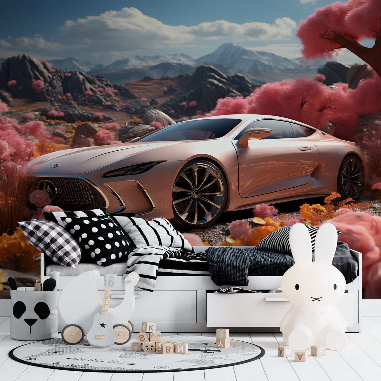 Sports car mural wallpaper transforming home office with pink mountain landscape