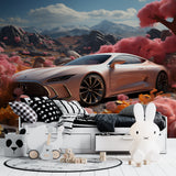 Sports car mural wallpaper transforming home office with pink mountain landscape