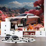 Automotive wallpaper design in game room featuring sports car and pink mountains