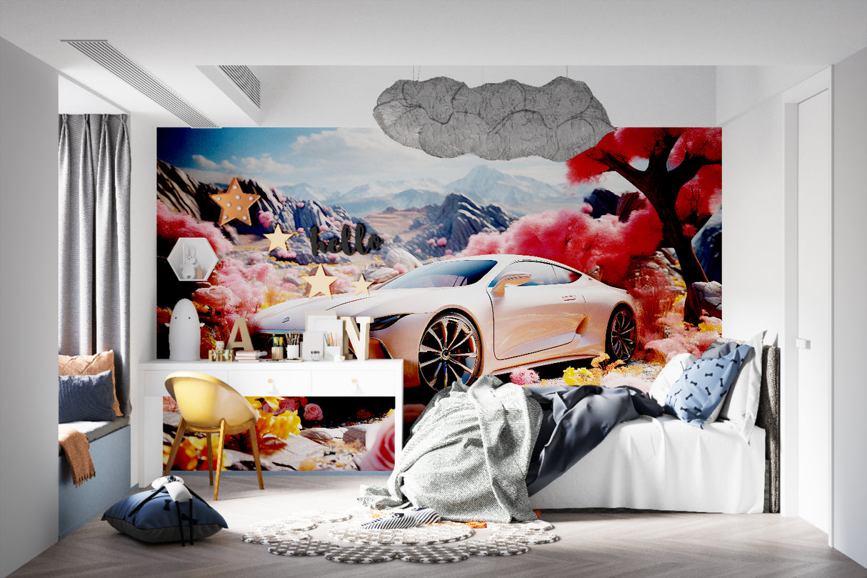 Car mural wallpaper bringing style to media room with pink mountain background