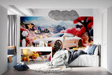Car mural wallpaper bringing style to media room with pink mountain background