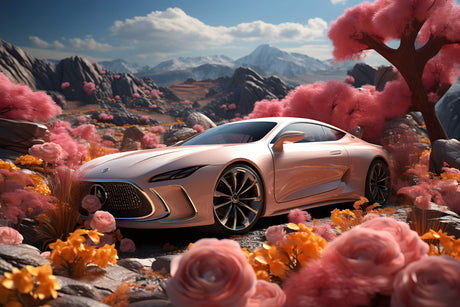 Sports car and pink mountain landscape design file showing intricate pattern details
