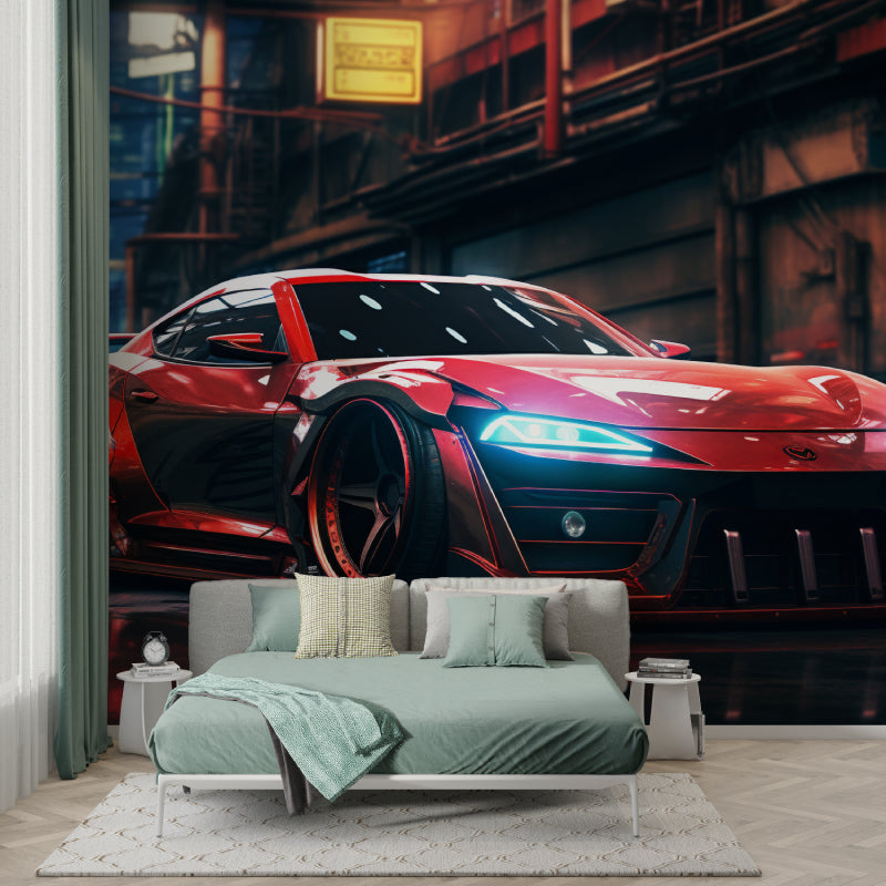 Sports car wallpaper in modern teen bedroom showing red racing car against city lights