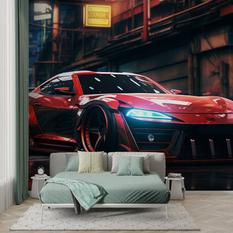 Sports car wallpaper in modern teen bedroom showing red racing car against city lights