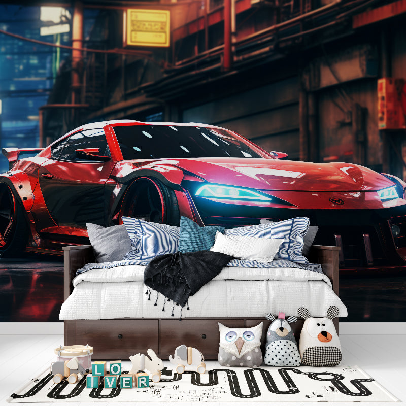 Racing car mural creating bold atmosphere in gaming room with LED lighting