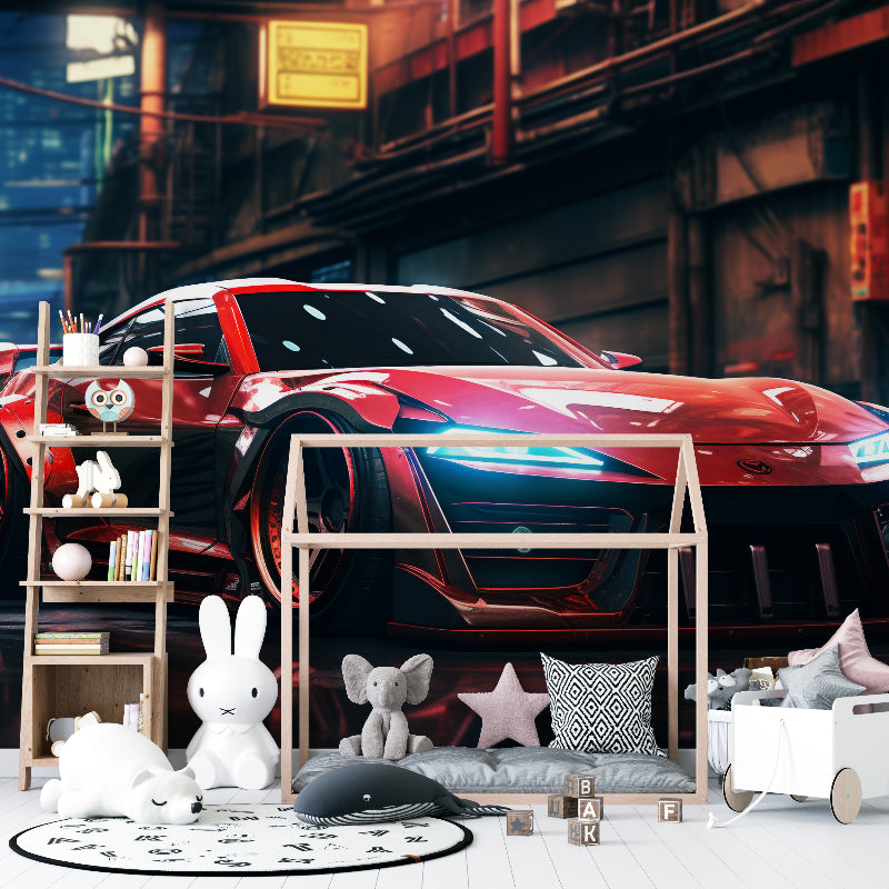 Urban car wallpaper installed in contemporary living room with modern furniture