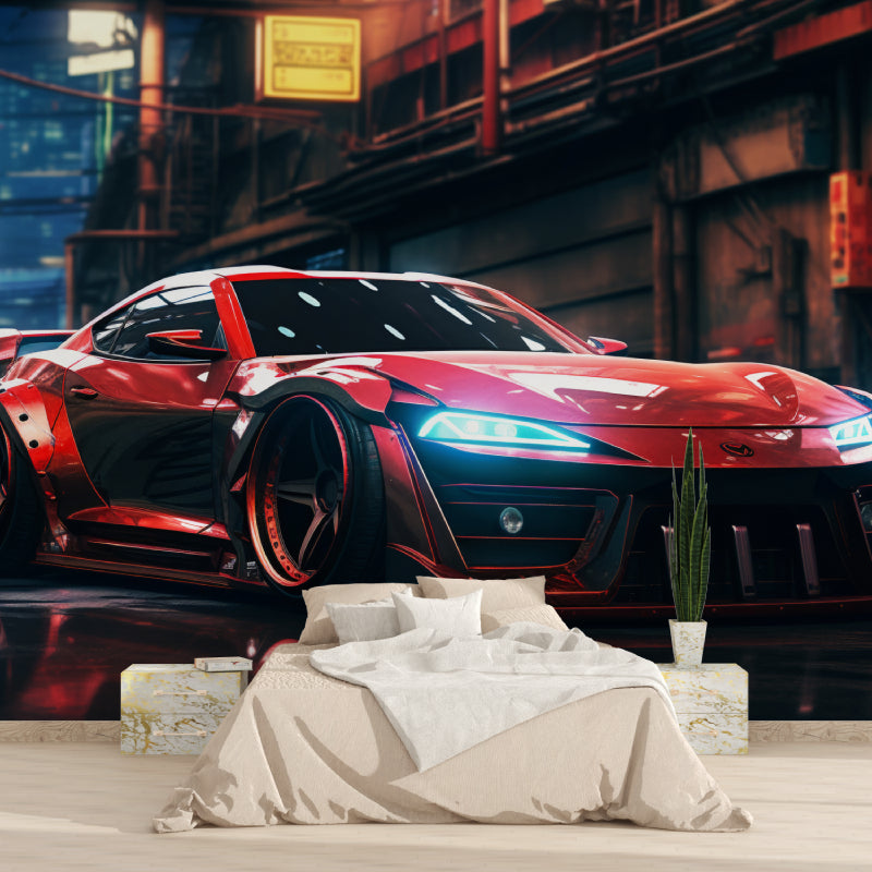 Car mural wallpaper transforming office space with sleek automotive design