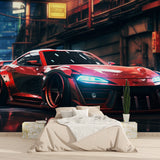 Car mural wallpaper transforming office space with sleek automotive design