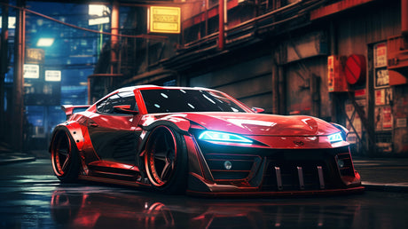 Design file of red sports car against urban nightscape, high-resolution pattern