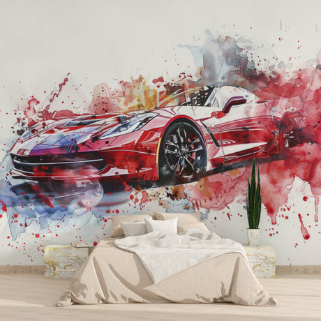Sports car wallpaper mural styled in modern living room, showing red watercolor design