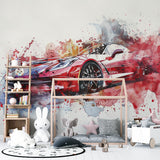 Red sports car mural displayed in teen bedroom with gaming setup