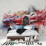 Watercolor car wallpaper creating focal point in home office space