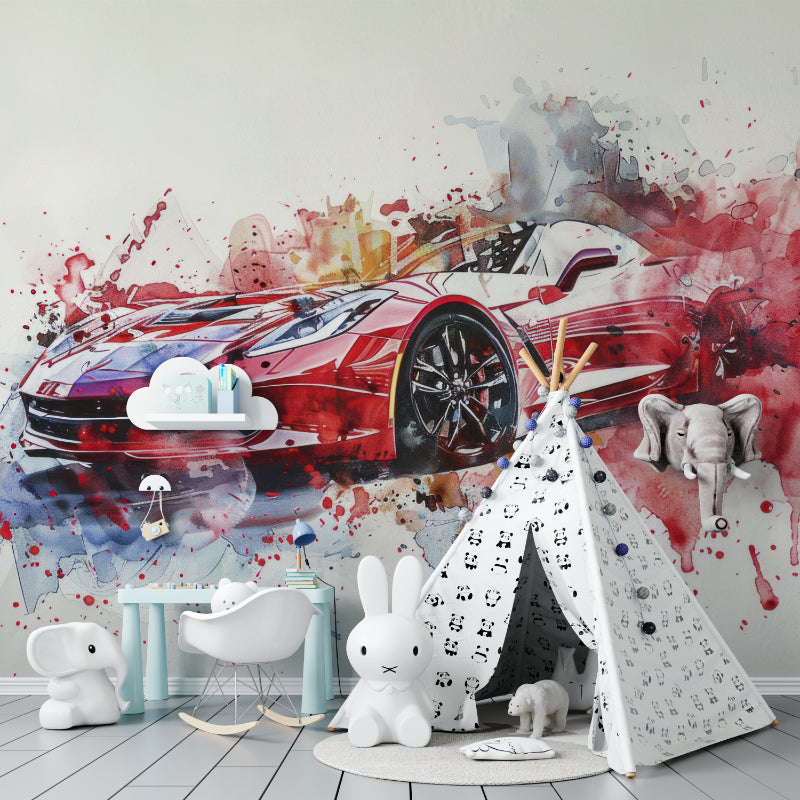 Modern car mural showcased in minimalist entertainment room