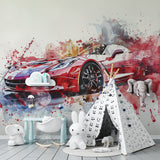 Modern car mural showcased in minimalist entertainment room