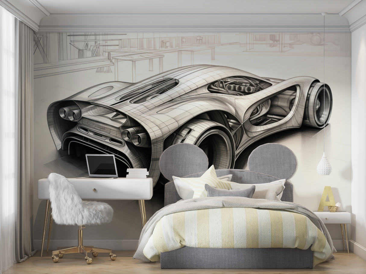 Sports car technical drawing mural wallpaper in modern home office with minimalist furniture