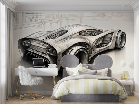 Sports car technical drawing mural wallpaper in modern home office with minimalist furniture