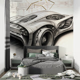 Car blueprint wallpaper featured in teen bedroom showing technical sketch details