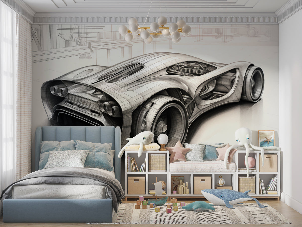 Automotive technical drawing mural in garage space with clean lighting