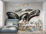 Automotive technical drawing mural in garage space with clean lighting