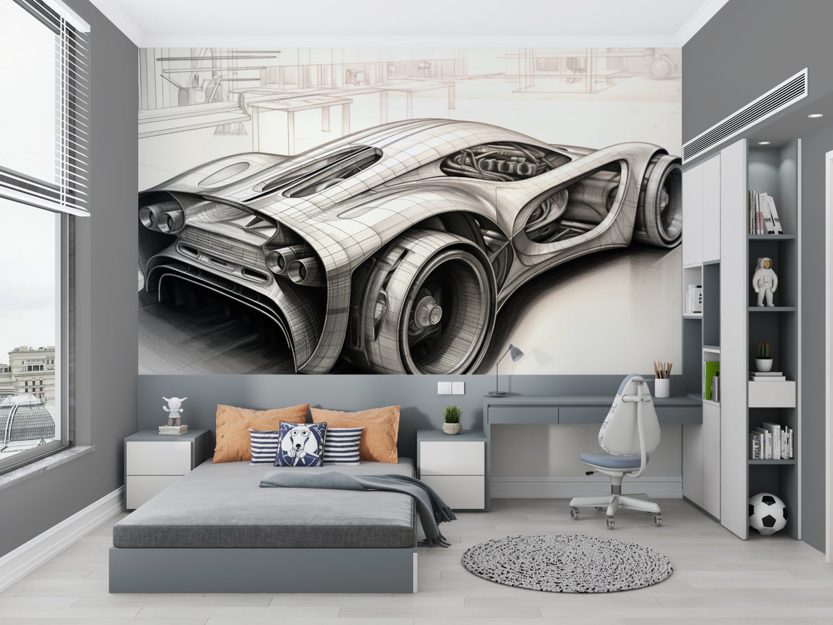 Sports car sketch wallpaper in gaming room with modern setup