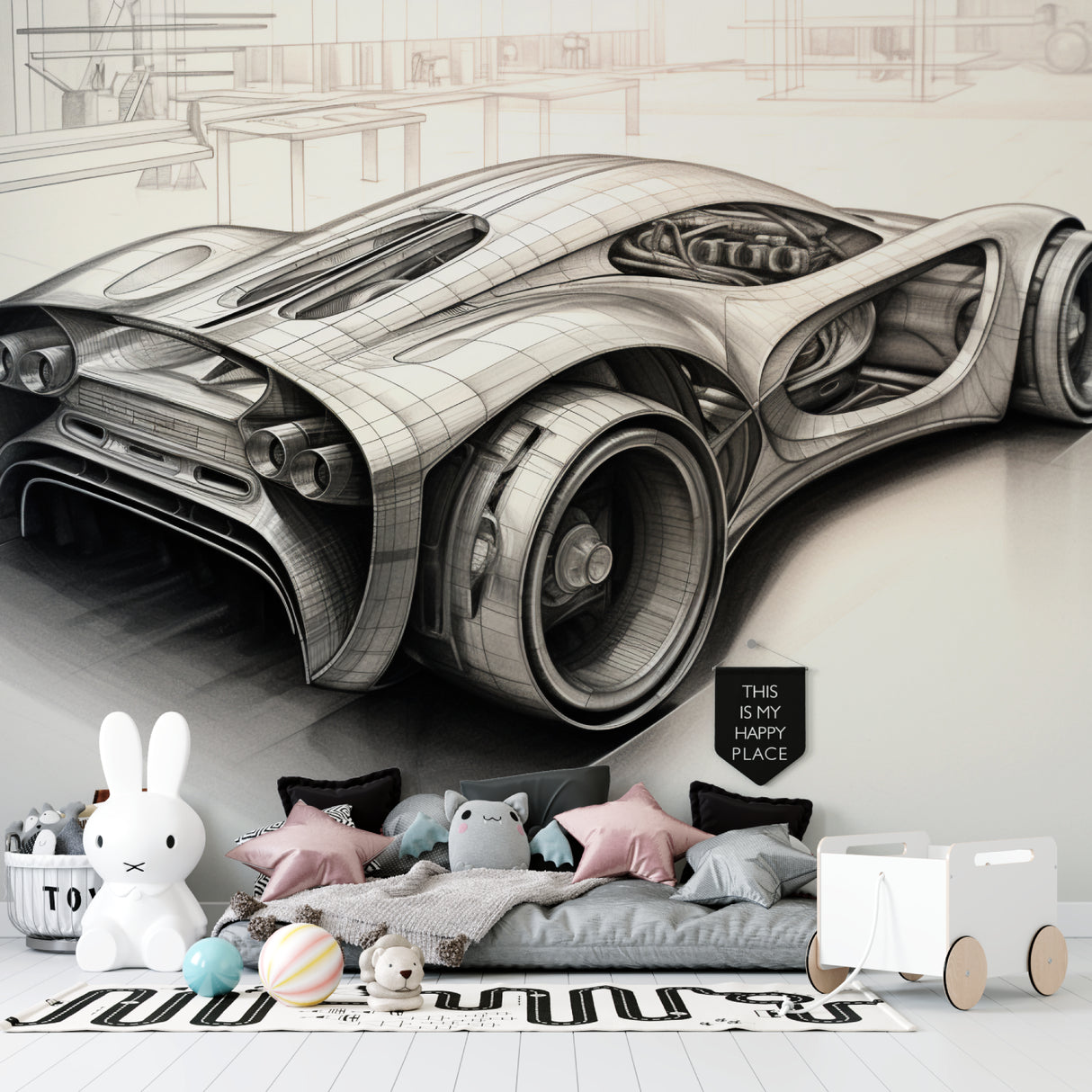 Car design mural wallpaper in man cave showing scale and impact