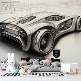 Car design mural wallpaper in man cave showing scale and impact
