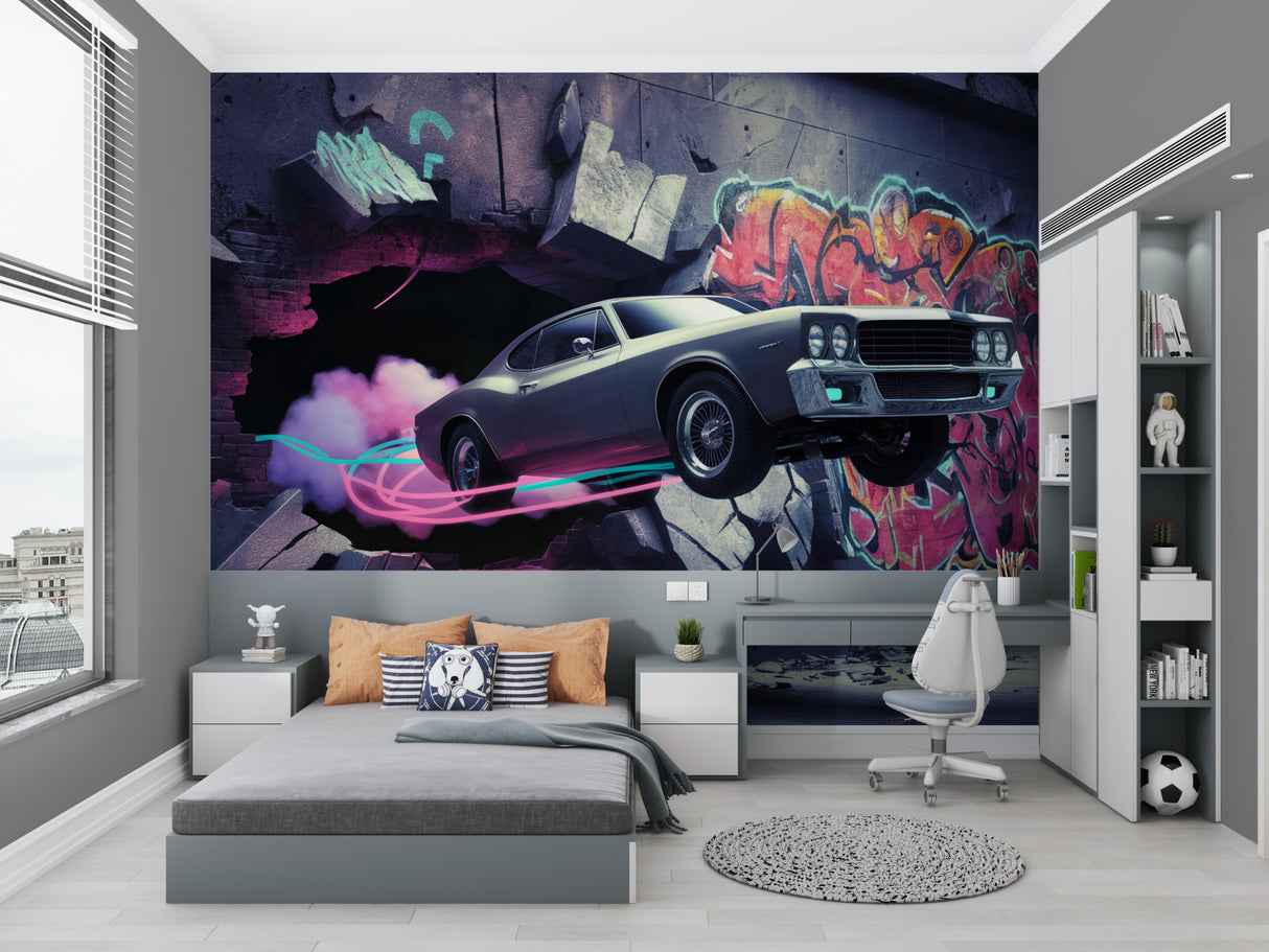Urban street art car mural bringing style to gaming room setup