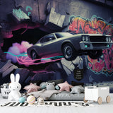 Street art sports car wallpaper transforming home office space