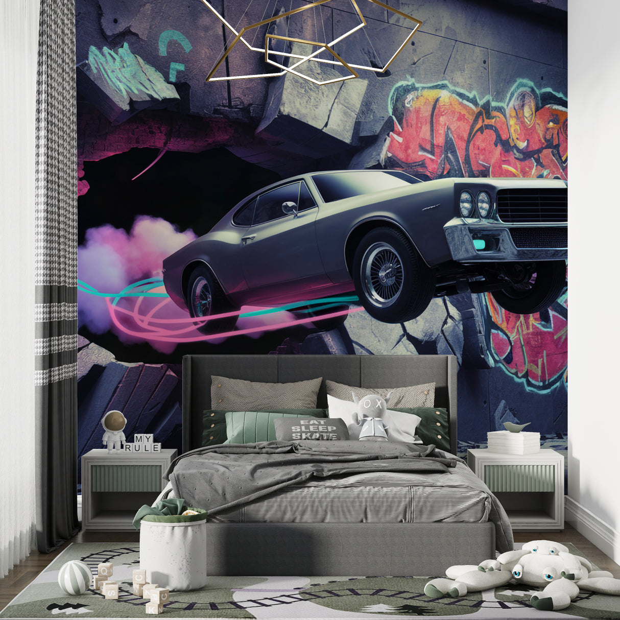 Graffiti car mural adding energy to modern living room wall