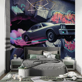 Graffiti car mural adding energy to modern living room wall