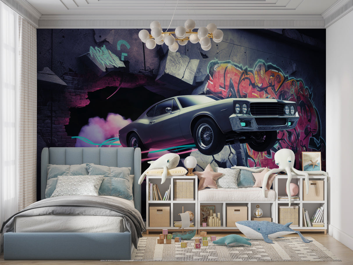 Sports car wall mural creating impact in urban style bedroom
