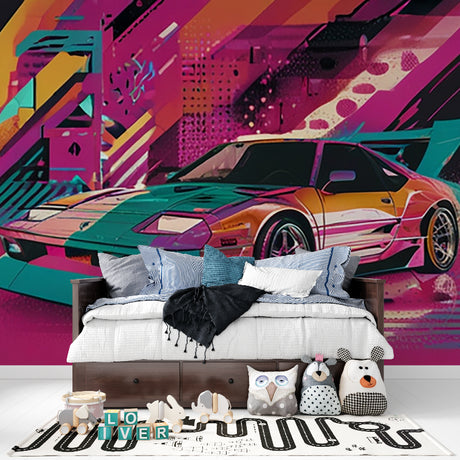 Pink and turquoise Sports Car Graffiti Mural in modern teen bedroom showing urban street art style