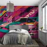 Urban Graffiti Car Wallpaper making a bold statement in gaming room with LED lighting