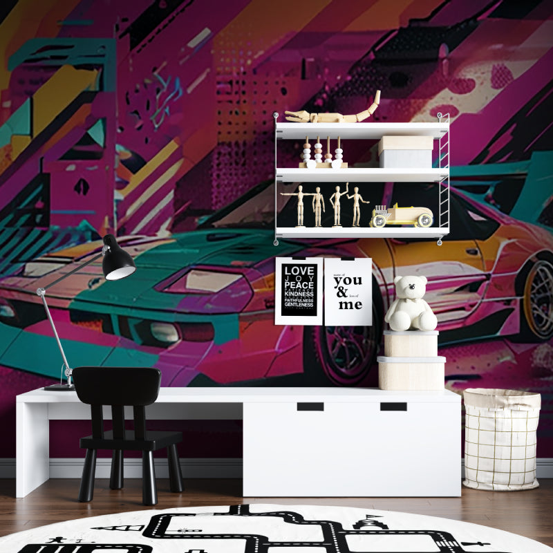 Street art car mural bringing energy to home office space with modern furniture