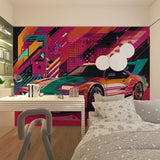 Graffiti sports car wallpaper in entertainment room showing scale and impact