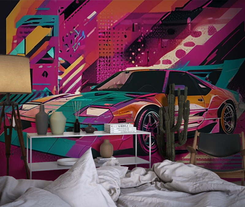 Urban car mural creating focal point in modern living room setup