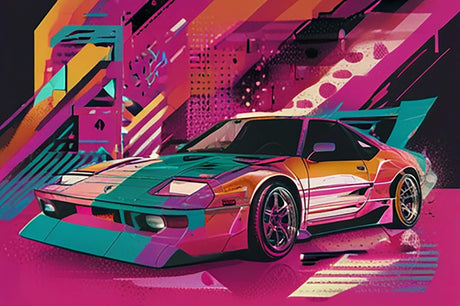 Design file showing detailed pink and turquoise sports car graffiti pattern with urban elements