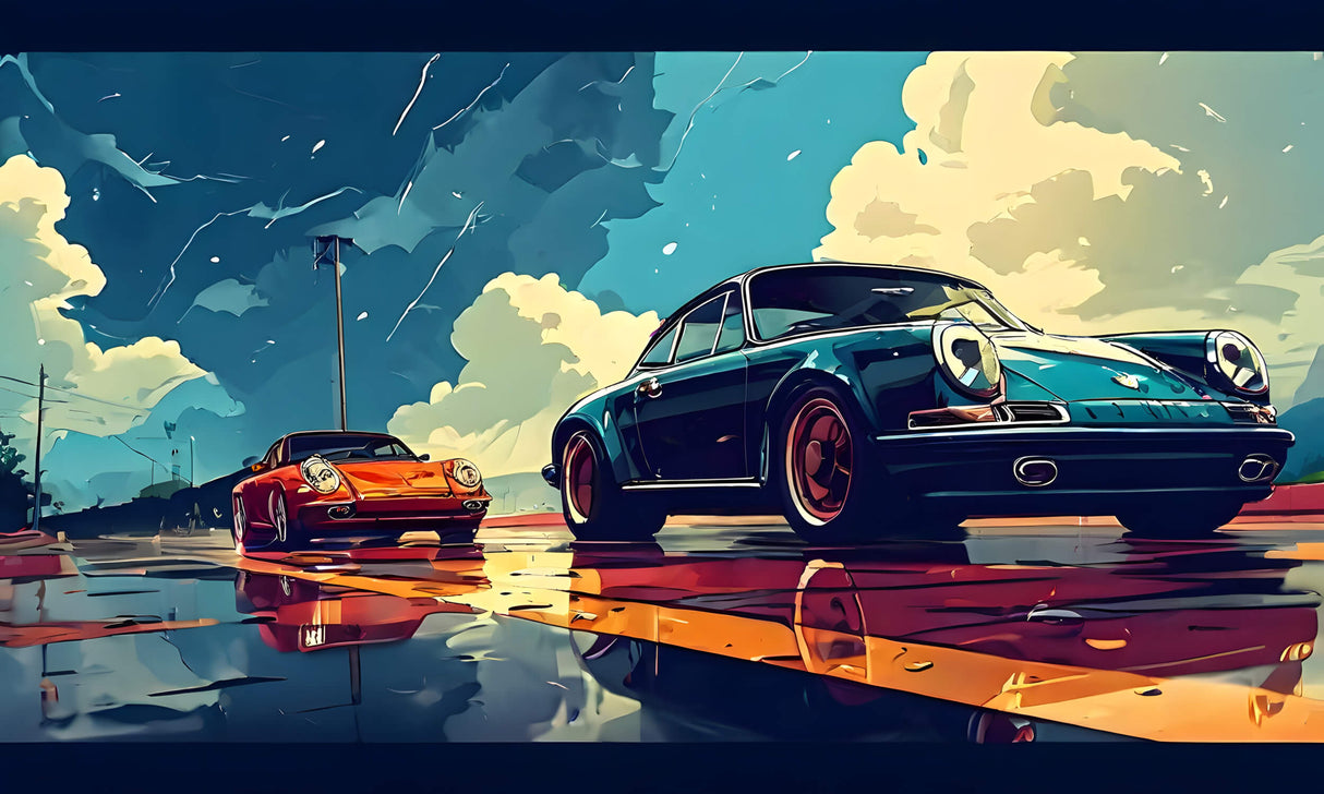 Design file showing detailed Porsche artwork with deep blue sky and orange accents