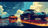 Design file showing detailed Porsche artwork with deep blue sky and orange accents