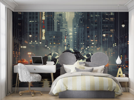Sports car wallpaper mural displayed in modern teen bedroom, showing watercolor effects in daylight
