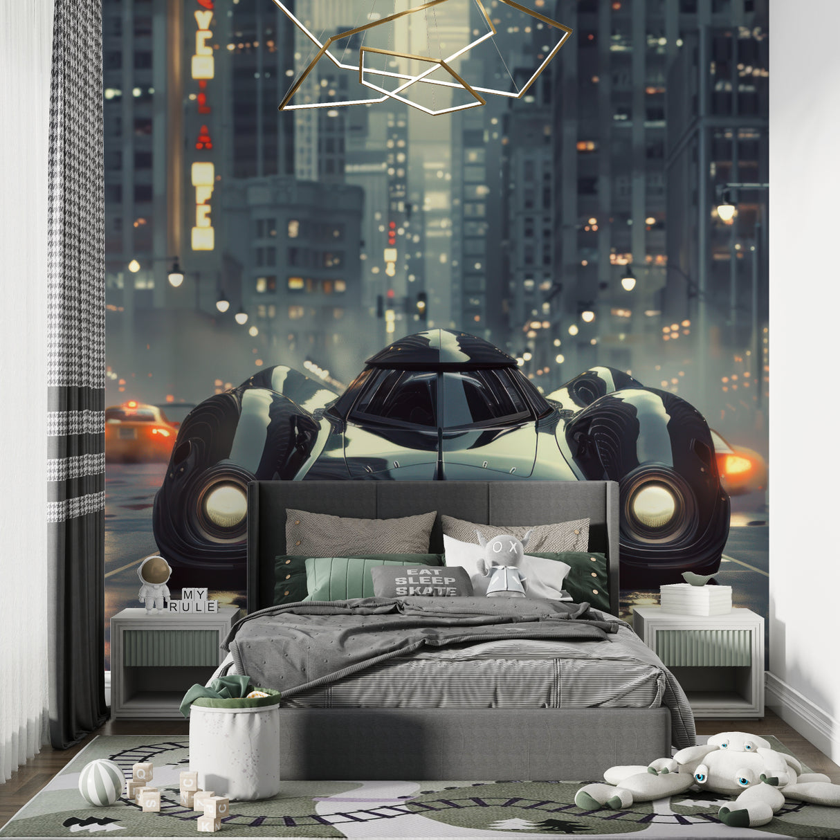 Watercolor car mural installed in gaming room with LED lighting enhancing the design