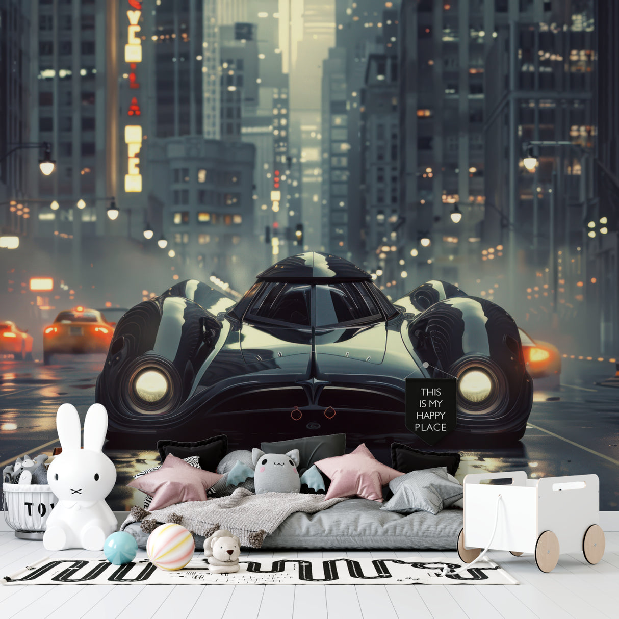 Sports car wall mural bringing energy to home office space with modern furniture